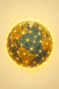 Illustration der Erde, umgeben von einem goldenen Lichtnetz, das die Verbundenheit und positive Energie der Elora-Community symbolisiert